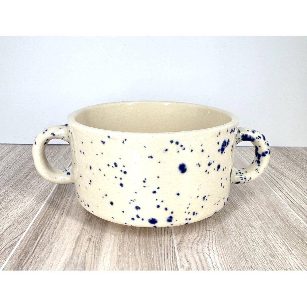 Blue Speckled Stoneware‎ Soup Crock Bowl Double Handle Farmhouse Country